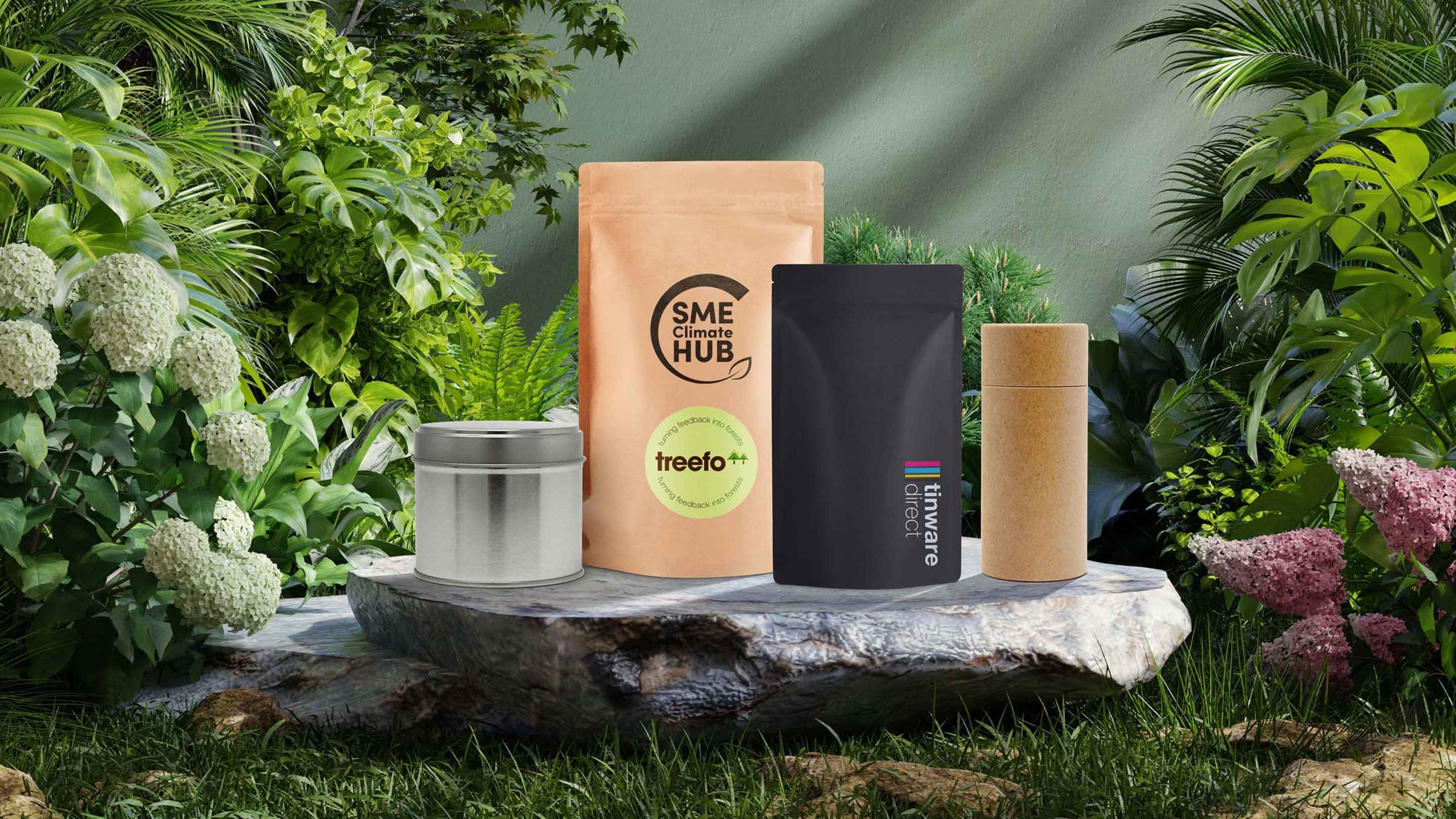 Collection of packaging in different materials on green, eco background.