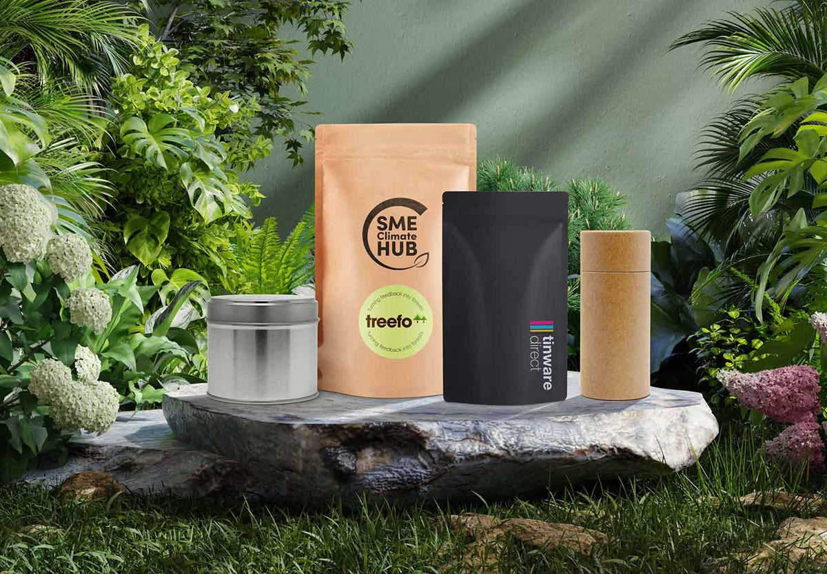 Collection of packaging in different materials on green, eco background.